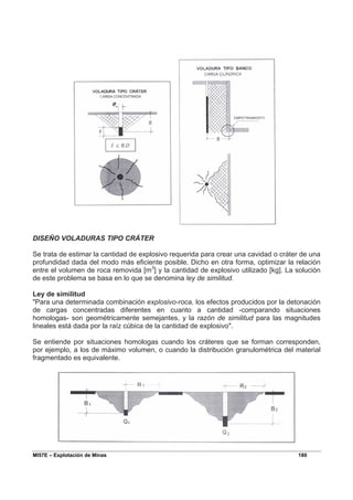 MI57E – Explotación de Minas 180
DISEÑO VOLADURAS TIPO CRÁTER
Se trata de estimar la cantidad de explosivo requerida para crear una cavidad o cráter de una
profundidad dada del modo más eficiente posible. Dicho en otra forma, optimizar la relación
entre el volumen de roca removida [m3
] y la cantidad de explosivo utilizado [kg]. La solución
de este problema se basa en lo que se denomina ley de similitud.
Ley de similitud
"Para una determinada combinación explosivo-roca, los efectos producidos por la detonación
de cargas concentradas diferentes en cuanto a cantidad -comparando situaciones
homologas- son geométricamente semejantes, y la razón de similitud para las magnitudes
lineales está dada por la raíz cúbica de la cantidad de explosivo".
Se entiende por situaciones homologas cuando los cráteres que se forman corresponden,
por ejemplo, a los de máximo volumen, o cuando la distribución granulométrica del material
fragmentado es equivalente.
 