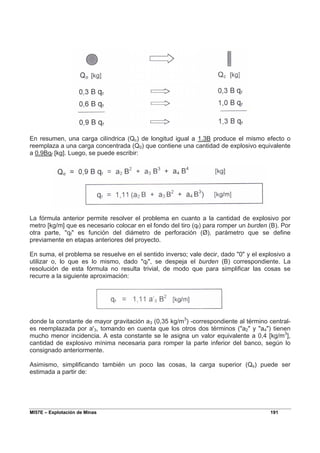 MI57E – Explotación de Minas 191
En resumen, una carga cilíndrica (Qc) de longitud igual a 1.3B produce el mismo efecto o
reemplaza a una carga concentrada (Q0) que contiene una cantidad de explosivo equivalente
a 0.9Bqf [kg]. Luego, se puede escribir:
La fórmula anterior permite resolver el problema en cuanto a la cantidad de explosivo por
metro [kg/m] que es necesario colocar en el fondo del tiro (qf) para romper un burden (B). Por
otra parte, "qf" es función del diámetro de perforación (Ø), parámetro que se define
previamente en etapas anteriores del proyecto.
En suma, el problema se resuelve en el sentido inverso; vale decir, dado "0" y el explosivo a
utilizar o, lo que es lo mismo, dado "qf", se despeja el burden (B) correspondiente. La
resolución de esta fórmula no resulta trivial, de modo que para simplificar las cosas se
recurre a la siguiente aproximación:
donde la constante de mayor gravitación a3 (0,35 kg/m3
) -correspondiente al término central-
es reemplazada por a'3, tomando en cuenta que los otros dos términos ("a2" y "a4") tienen
mucho menor incidencia. A esta constante se le asigna un valor equivalente a 0,4 [kg/m3
],
cantidad de explosivo mínima necesaria para romper la parte inferior del banco, según lo
consignado anteriormente.
Asimismo, simplificando también un poco las cosas, la carga superior (Qs) puede ser
estimada a partir de:
 