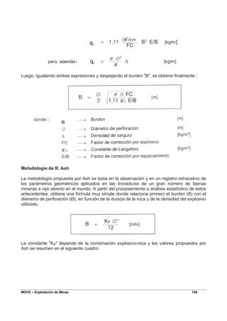 MI57E – Explotación de Minas 195
Luego, igualando ambas expresiones y despejando el burden "B", se obtiene finalmente :
Metodología de R. Ash
La metodología propuesta por Ash se basa en la observación y en un registro exhaustivo de
los parámetros geométricos aplicados en las tronaduras de un gran número de faenas
mineras a rajo abierto en el mundo. A partir del procesamiento o análisis estadístico de estos
antecedentes, obtiene una fórmula muy simple donde relaciona primero el burden (B) con el
diámetro de perforación (Ø), en función de la dureza de la roca y de la densidad del explosivo
utilizado.
La constante "KB" depende de la combinación explosivo-roca y los valores propuestos por
Ash se resumen en el siguiente cuadro:
 