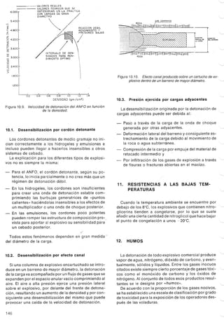 VALORES REALES
-- VALORES TEORICOS QUE SE
6.000r OBTENDRIAN EN LA PRACTICA
CON CARGAS DE GRAN
/DIAMETRO
~// REACCION DEBILRENDIMIENTO Y
~ PRESIONES BAJAS
/
5.400
~
.::: 4.800
E
2
Q 4.200u
«
2
O
t;j 3.600
o
INTERVALO DE DEN-
SIDADES PARA REN-
DIMIENTO OPTIMO
w
o
o 3.000
«
o
u
O 2.400
-'
w
>
1.800
1.200
02 0.4 0.6 0.8 1.0 1.2 -1.4
DENSIDAD (gm ¡cm')
Figura 10.9. Velocidad de detonación del ANFO en función
de la densidad.
10.1. Desensibilización por cordón detonante
Los cordones detonantes de medio gramaje no ini-
cian correctamente a los hidrogeles y emulsiones e
incluso pueden llegar a hacerlos insensibles a otros
sistemas de cebado.
La explicación para los diferentes tipos de explosi-
vos no es siempre la misma:
- Para el ANFO,el cordón detonante, según su po-
tencia, lo inicia parcialmente o no crea más que un
régimen de detonación débil.
- En los hidrogeles, los cordones son insuficientes
para crear una onda de detonación estable com-
primiendo las burbujas generatrices de «puntos
calientes» haciéndolas insensibles a los efectos de
un multiplicador o una onda de choque posterior.
- En las emulsiones, los cordones poco potentes
pueden romper las estructura de composición pre-.
vista para aportar al explosivo su sensibilidad pára
un cebado posterior.
if
Todos estos fenómenos dependen en gran medida"
del diámetro de la carga.
10.2. Desensibilización por efecto canal
Si una columna de explosivo encartuchado se intro-
duce en un barreno de mayor diámetro, la detonación
de la carga va acompañada por un flujo de gases que se
expanden por el espacio anular vacío comprimiendo al
aire. El aire a alta presión ejerce una presión lateral
sobre el explosivo, por delante del frente de detona-
ción, resultando un aumento de la densidad y por con-
siguiente una desensibilización del mismo que puede
provocar una caída de la velocidad de detonación.
146
.'-.--
~
J I
'--
~;::,i:::' '" ""<TOO
", m~""'"
"--
R
'--
Figura 10.10. Efecto canal producido sobre un cartucho de ex-
plosivo dentro de un barreno de mayor diámetro. '----
'----
10.3. Presión ejercida por cargas adyacentes
La desensibilización originada por la detonación de
cargas adyacentes puede ser debida al: '--
- Paso a través de la carga de la onda de choque
generada por otras adyacentes.
- Deformación lateral del barreno y consiguiente es-
trechamiento de la carga debido al movimiento de
la roca o agua subterránea.
- Compresión de la carga por empuje del material de
retacado intermedio y
Por infiltración de los gases de explosión a través ',--
de fisuras o fracturas abiertas en el macizo.
'---
',--
"'-
11. RESISTENCIAS A LAS BAJAS TEM-
PERATURAS .---
Cuando la temperatura ambiente se encuentre por
debajo de los BOC,los explosivos que contienen nitro- '--
glicerina tienden a congelarse, por lo que se suele
añadir una cierta cantidad de nitroglicol que hace bajar
el punto de congelación a unos -20°C. '--
----
12. HUMOS
La detonación de todo explosivo comercial produce ',,-
vapor de agua, nitrógeno, dióxido de carbono, yeven-
tualmente, sólidos y líquidos. Entre los gases inocuos
citados existe siempre cierto porcentaje de gases tóxi- '--
cos como el monóxido de carbono y los óxidos de
nitrógeno. Al conjunto de todos esos productos resul-
tantes se le designa por «humos».
De acuerdo con la proporción de los gases nocivos,
se ha establecido una escala de clasificación por grado
de toxicidad para la exposiCión de los operadores des-
pués de las voladuras. "-
"-
'--
 