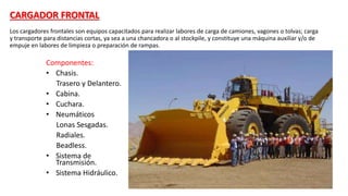 CARGADOR FRONTAL
Los cargadores frontales son equipos capacitados para realizar labores de carga de camiones, vagones o tolvas; carga
y transporte para distancias cortas, ya sea a una chancadora o al stockpile, y constituye una máquina auxiliar y/o de
empuje en labores de limpieza o preparación de rampas.
Componentes:
• Chasis.
Trasero y Delantero.
• Cabina.
• Cuchara.
• Neumáticos
Lonas Sesgadas.
Radiales.
Beadless.
• Sistema de
Transmisión.
• Sistema Hidráulico.
 