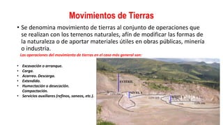 Movimientos de Tierras
• Se denomina movimiento de tierras al conjunto de operaciones que
se realizan con los terrenos naturales, afín de modificar las formas de
la naturaleza o de aportar materiales útiles en obras públicas, minería
o industria.
Las operaciones del movimiento de tierras en el caso más general son:
• Excavación o arranque.
• Carga.
• Acarreo. Descarga.
• Extendido.
• Humectación o desecación.
Compactación.
• Servicios auxiliares (refinos, saneos, etc.).
 