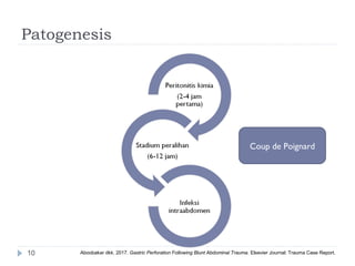 Patogenesis
10 Aboobakar dkk. 2017. Gastric Perforation Following Blunt Abdominal Trauma. Elsevier Journal: Trauma Case Report.
Coup de Poignard
 