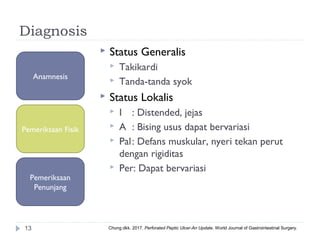 Diagnosis
13
Anamnesis
Pemeriksaan
Penunjang
Pemeriksaan Fisik
 Status Generalis
 Takikardi
 Tanda-tanda syok
 Status Lokalis
 I : Distended, jejas
 A : Bising usus dapat bervariasi
 Pal: Defans muskular, nyeri tekan perut
dengan rigiditas
 Per: Dapat bervariasi
Chung dkk. 2017. Perforated Peptic Ulcer-An Update. World Journal of Gastrointestinal Surgery.
 