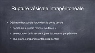 Rupture vésicale intrapéritonéale 
Déchirure horizontale large dans le dôme vessie 
portion de la vessie moins « soutenue » 
seule portion de la vessie adjacente/couverte par péritoine 
plus grande proportion antan chez l’enfant 
 