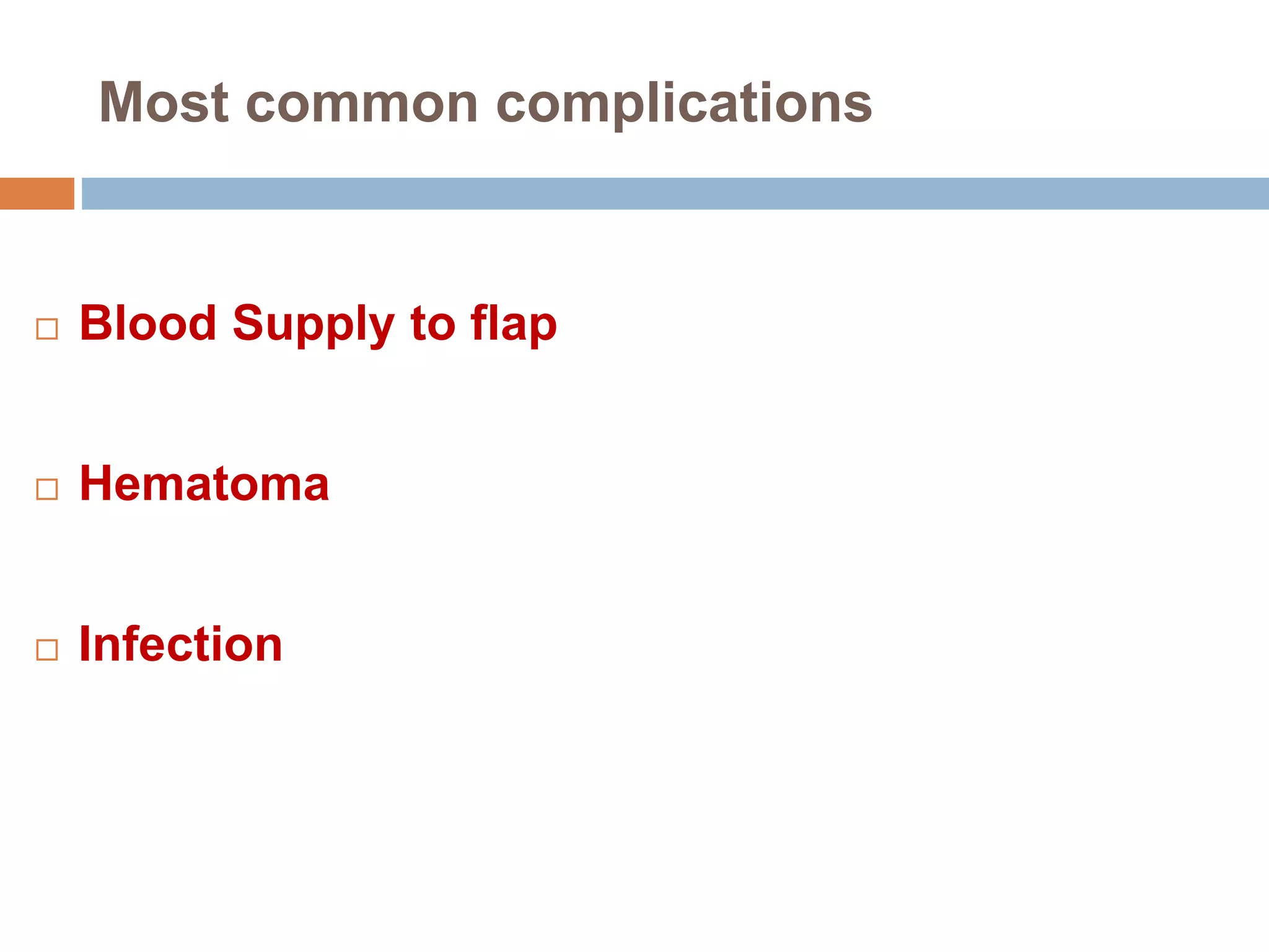Most common complications
 Blood Supply to flap
 Hematoma
 Infection
 