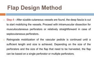 Flap Design Method
 Step 4 - After sizable cutaneous vessels are found, the deep fascia is cut
to start mobilizing the vessels. Proceed with intramuscular dissection for
musculocutaneous perforators or relatively straightforward in case of
septocutaneous perforators.
 Retrograde mobilization of the vascular pedicle is continued until a
sufficient length and size is achieved. Depending on the size of the
perforators and the size of the flap that need to be harvested, the flap
can be based on a single perforator or multiple perforators.
 