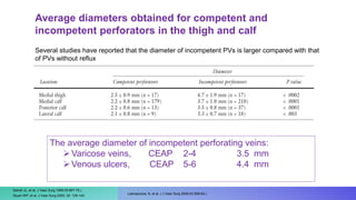 Average diameters obtained for competent and
incompetent perforators in the thigh and calf
Sandri JL, et al. J Vasc Surg 1999;30:867-75.)
The average diameter of incompetent perforating veins:
Varicose veins, CEAP 2-4 3.5 mm
Venous ulcers, CEAP 5-6 4.4 mm
Several studies have reported that the diameter of incompetent PVs is larger compared with that
of PVs without reflux
Labropoulos, N, et al. ( J Vasc Surg 2006;43:558-62.)
Stuart WP, et al. J Vasc Surg 2000, 32: 138-143.
 
