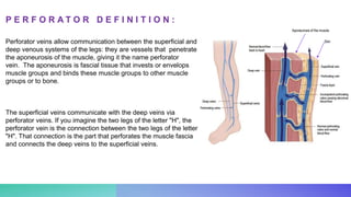 Perforator veins allow communication between the superficial and
deep venous systems of the legs: they are vessels that penetrate
the aponeurosis of the muscle, giving it the name perforator
vein. The aponeurosis is fascial tissue that invests or envelops
muscle groups and binds these muscle groups to other muscle
groups or to bone.
The superficial veins communicate with the deep veins via
perforator veins. If you imagine the two legs of the letter "H", the
perforator vein is the connection between the two legs of the letter
"H". That connection is the part that perforates the muscle fascia
and connects the deep veins to the superficial veins.
P E R F O R A T O R D E F I N I T I O N :
Aponeurosis of the muscle
Skin
 