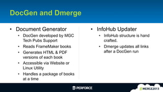 8	
  
DocGen and Dmerge
•  Document Generator
•  DocGen developed by MGC
Tech Pubs Support
•  Reads FrameMaker books
•  Generates HTML & PDF
versions of each book
•  Accessible via Website or
Linux Utility
•  Handles a package of books
at a time
•  InfoHub Updater
•  InfoHub structure is hand
crafted.
•  Dmerge updates all links
after a DocGen run
 