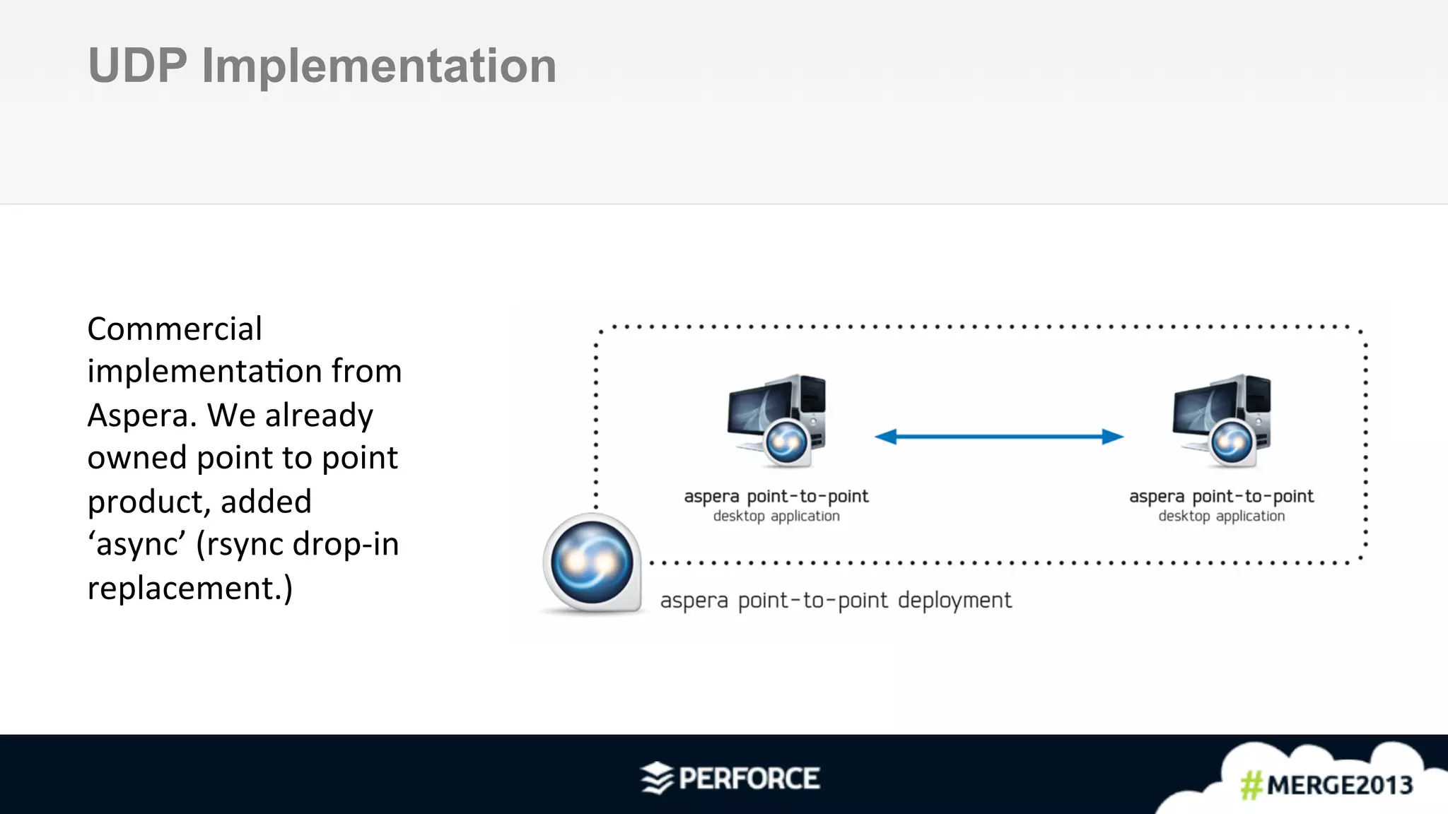 10	
  
UDP Implementation
Commercial	
  
implementaPon	
  from	
  
Aspera.	
  We	
  already	
  
owned	
  point	
  to	
  point	
  
product,	
  added	
  
‘async’	
  (rsync	
  drop-­‐in	
  
replacement.)	
  
 