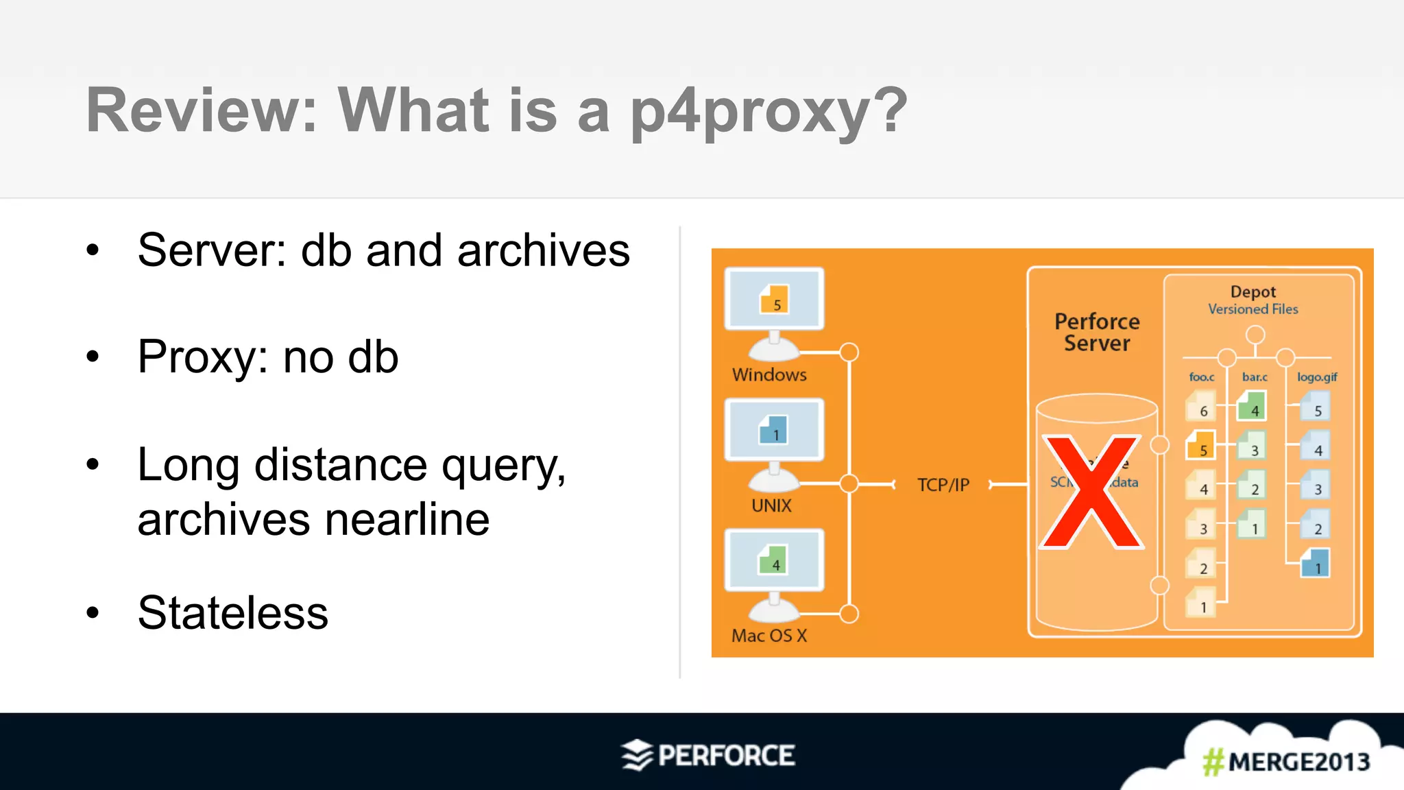 2	
  
Review: What is a p4proxy?
•  Server: db and archives
•  Proxy: no db
•  Long distance query,
archives nearline
•  Stateless
 