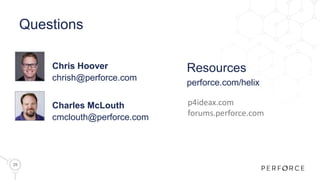 Questions
29
Chris Hoover
chrish@perforce.com
Charles McLouth
cmclouth@perforce.com
Resources
perforce.com/helix
p4ideax.com
forums.perforce.com
 