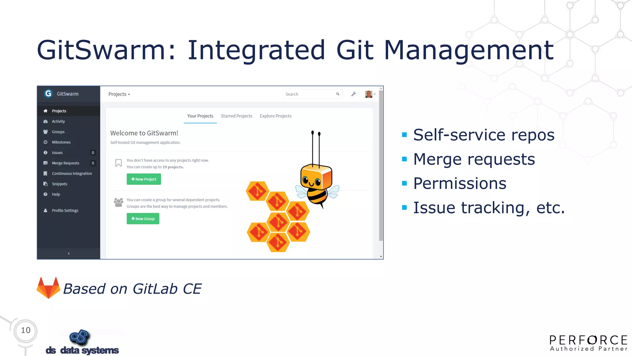 10
GitSwarm: Integrated Git Management
Based on GitLab CE
 Self-service repos
 Merge requests
 Permissions
 Issue tracking, etc.
 