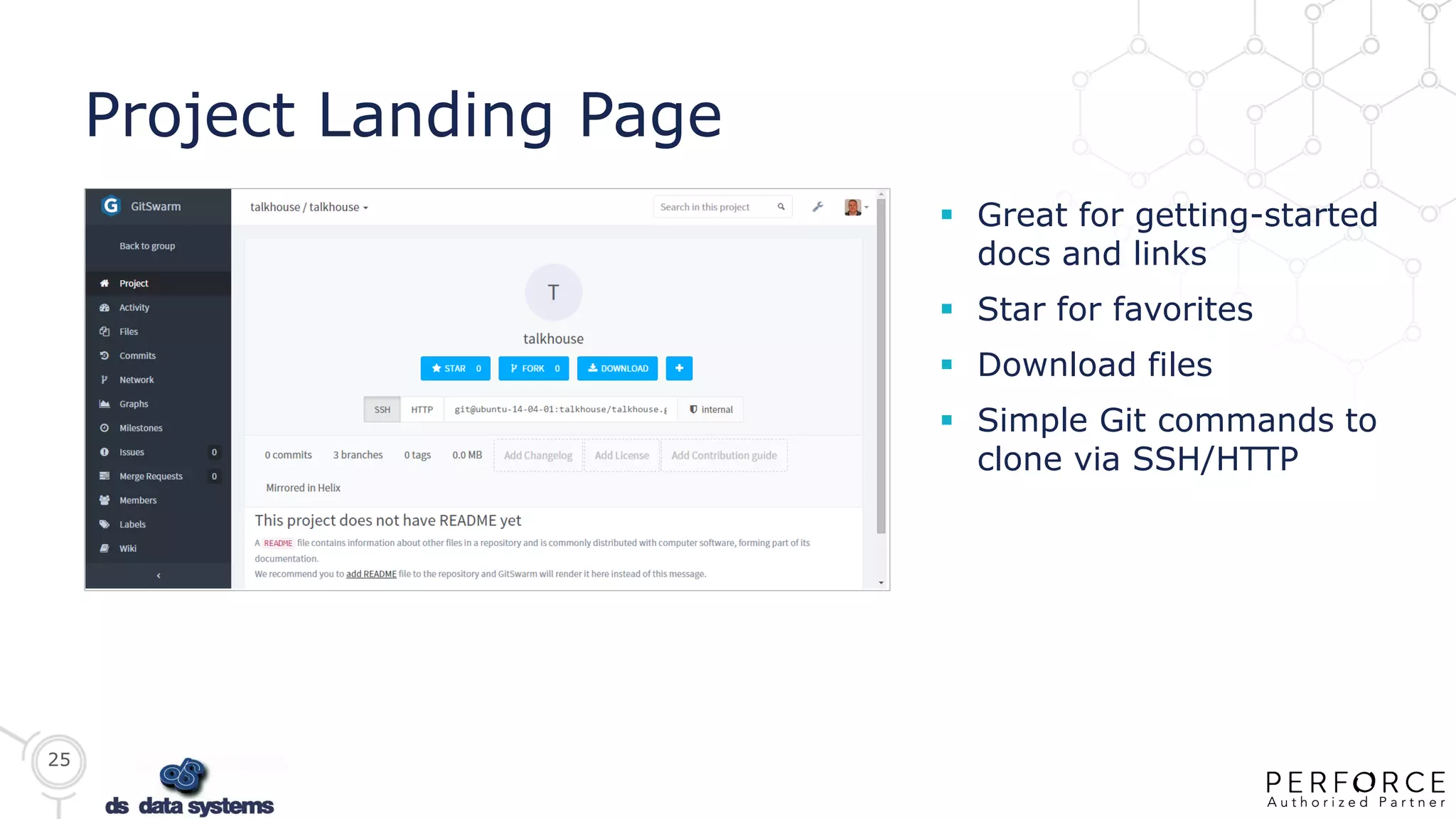 25
Project Landing Page
 Great for getting-started
docs and links
 Star for favorites
 Download files
 Simple Git commands to
clone via SSH/HTTP
 