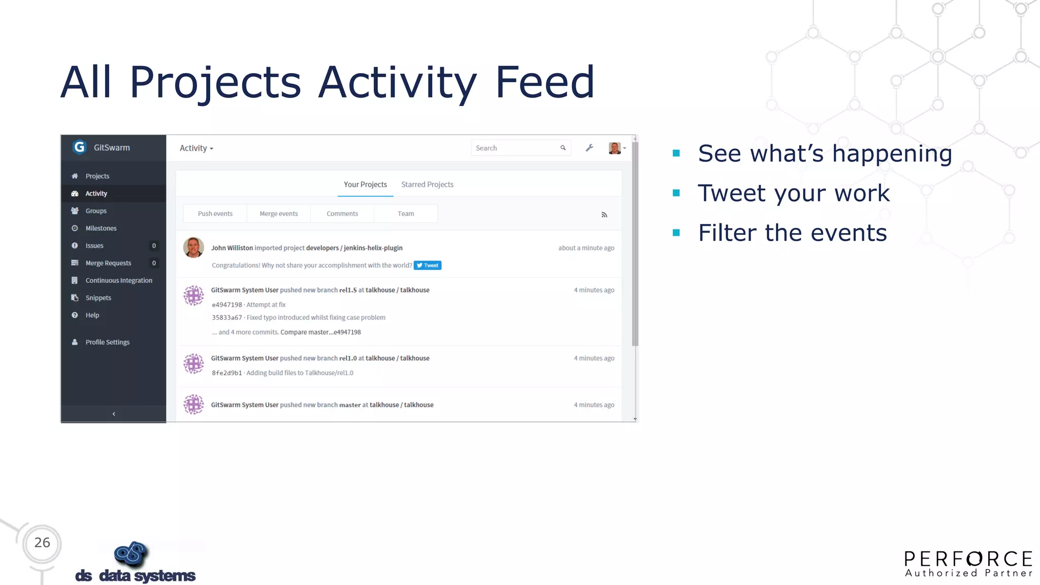 26
All Projects Activity Feed
 See what’s happening
 Tweet your work
 Filter the events
 