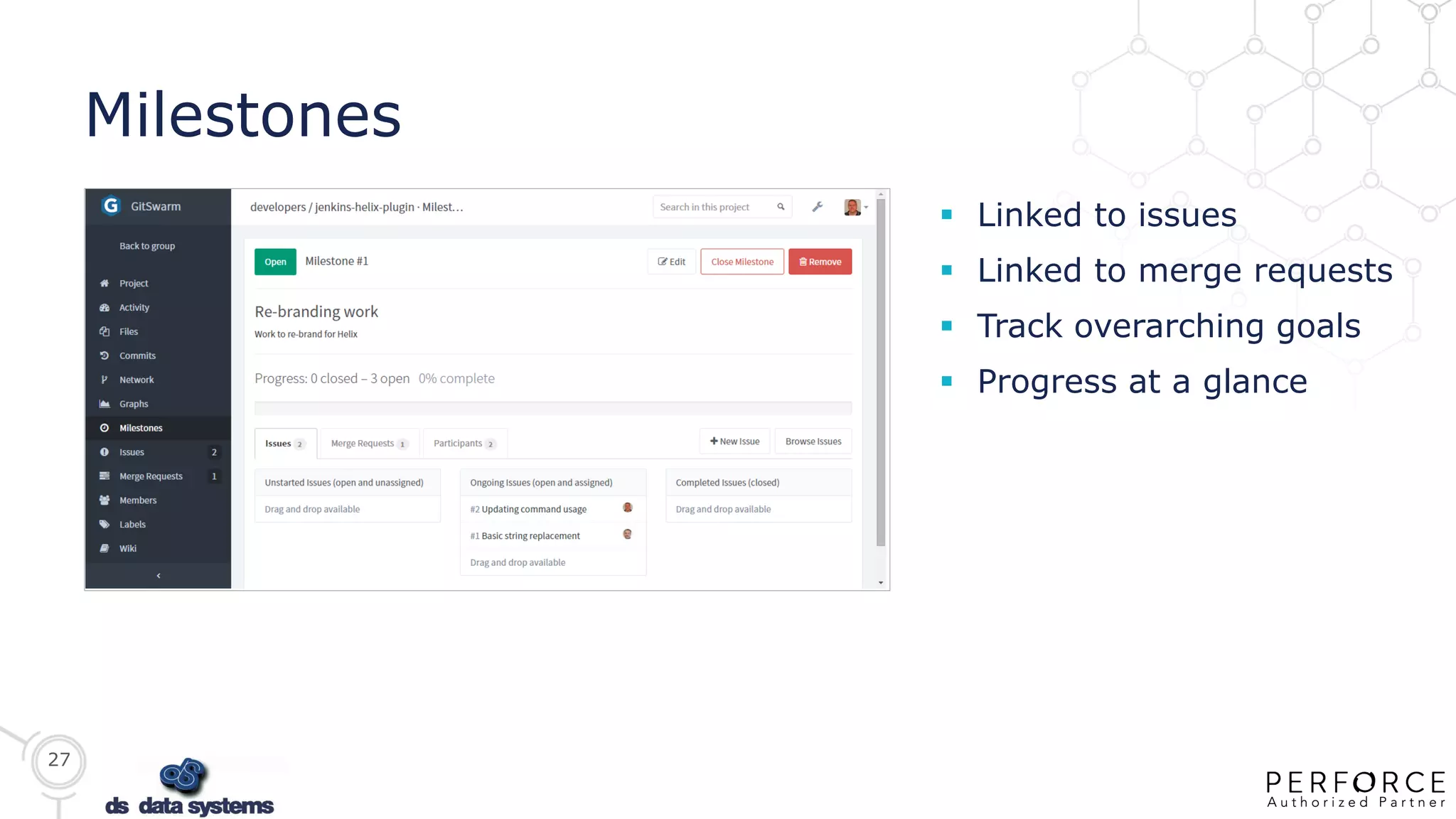 27
Milestones
 Linked to issues
 Linked to merge requests
 Track overarching goals
 Progress at a glance
 