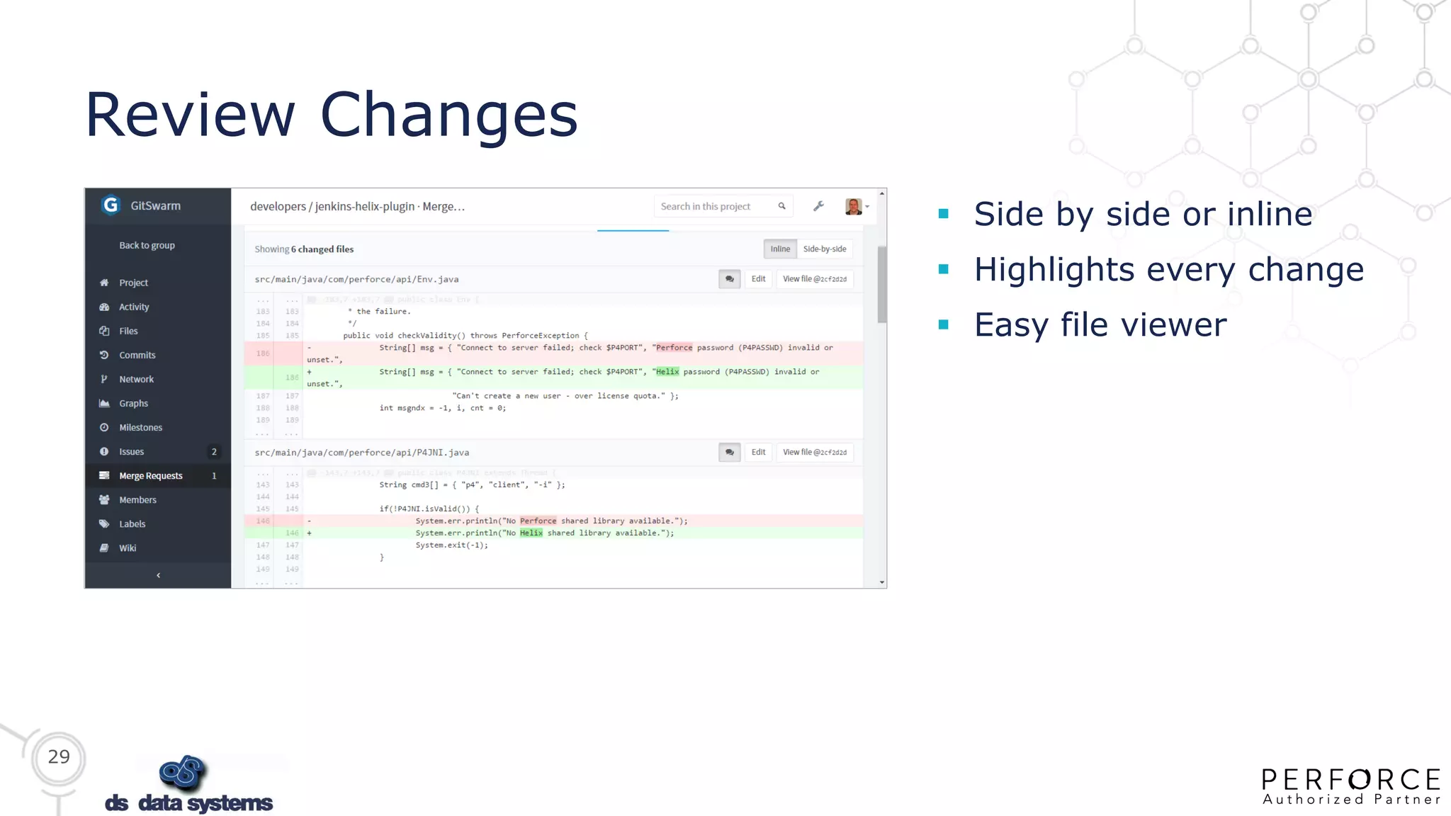 29
Review Changes
 Side by side or inline
 Highlights every change
 Easy file viewer
 