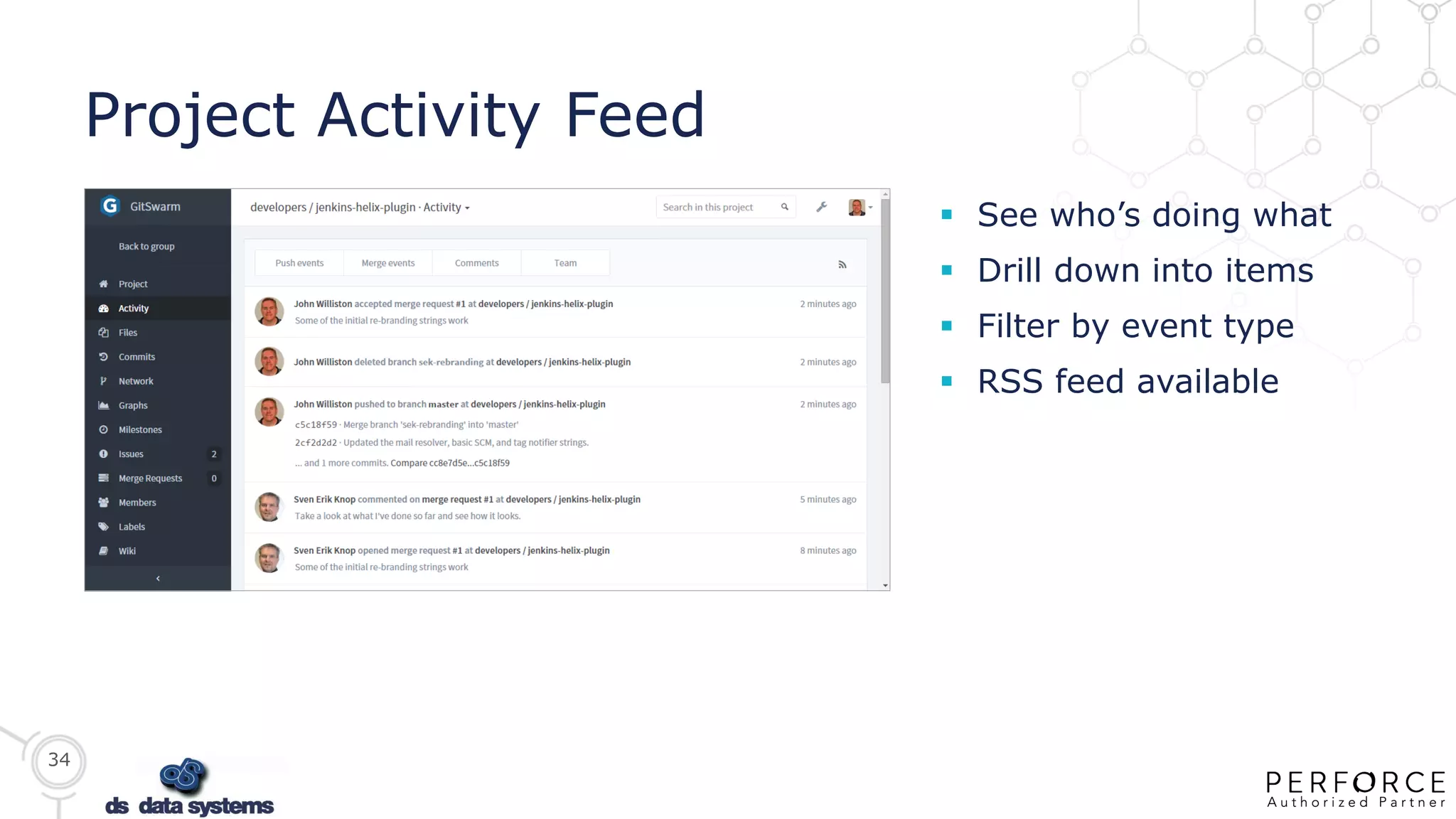 34
Project Activity Feed
 See who’s doing what
 Drill down into items
 Filter by event type
 RSS feed available
 