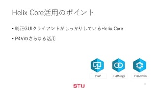 Helix Core活用のポイント
• 純正GUIクライアントがしっかりしているHelix Core
• P4Vのさらなる活用
10
P4MergeP4V P4Admin
 