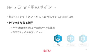 Helix Core活用のポイント
• 純正GUIクライアントがしっかりしているHelix Core
• P4Vのさらなる活用
• P4VでRedmineなどのWebツールと連携
• P4Vでファイルのプレビュー
17
P4V
 