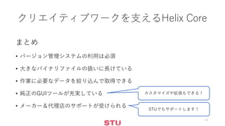 クリエイティブワークを支えるHelix Core
まとめ
• バージョン管理システムの利用は必須
• 大きなバイナリファイルの扱いに長けている
• 作業に必要なデータを絞り込んで取得できる
• 純正のGUIツールが充実している
• メーカー＆代理店のサポートが受けられる
24
STUでもサポートします！
カスタマイズや拡張もできる！
 