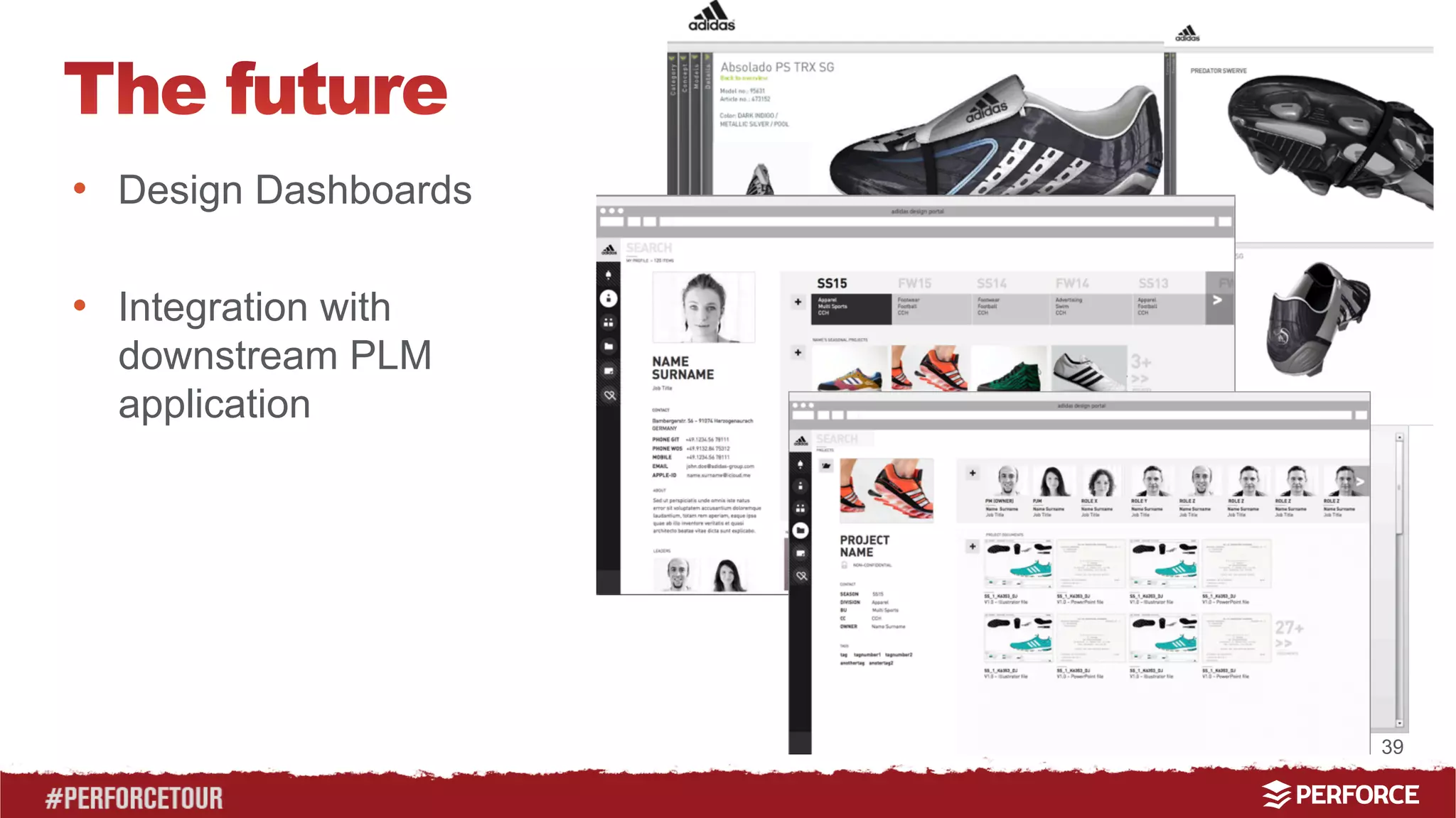 39 
• Design Dashboards 
• Integration with 
downstream PLM 
application 
 