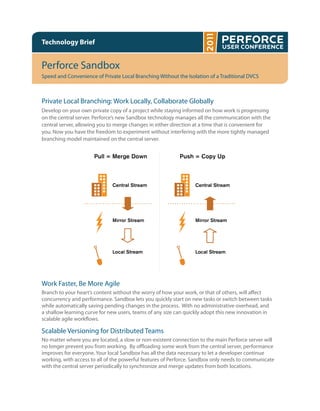 Technology Brief


Perforce Sandbox
Speed and Convenience of Private Local Branching Without the Isolation of a Traditional DVCS



Private Local Branching: Work Locally, Collaborate Globally
Develop on your own private copy of a project while staying informed on how work is progressing
on the central server. Perforce’s new Sandbox technology manages all the communication with the
central server, allowing you to merge changes in either direction at a time that is convenient for
you. Now you have the freedom to experiment without interfering with the more tightly managed
branching model maintained on the central server.




Work Faster, Be More Agile
Branch to your heart’s content without the worry of how your work, or that of others, will a ect
concurrency and performance. Sandbox lets you quickly start on new tasks or switch between tasks
while automatically saving pending changes in the process. With no administrative overhead, and
a shallow learning curve for new users, teams of any size can quickly adopt this new innovation in
scalable agile work ows.

Scalable Versioning for Distributed Teams
No matter where you are located, a slow or non-existent connection to the main Perforce server will
no longer prevent you from working. By o oading some work from the central server, performance
improves for everyone. Your local Sandbox has all the data necessary to let a developer continue
working, with access to all of the powerful features of Perforce. Sandbox only needs to communicate
with the central server periodically to synchronize and merge updates from both locations.
 
