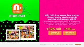 NICK PLAY é um espaço livre, onde as
crianças podem assistir conteúdo
exclusivo e brincar com a NICK
Um surpreendente e interminável espaço de recreação para
as crianças… ao alcance de todos, na hora que quiserem!
O aplicativo está disponível para iOS e Android.
Downloads de
Dez à Fev/16
+325 mil
Page Views no
mesmo período
+100 MM
Fonte: Adobe Omniture – Nick Play Brasil ( iOS + Android ) – Fevereiro 2016
 
