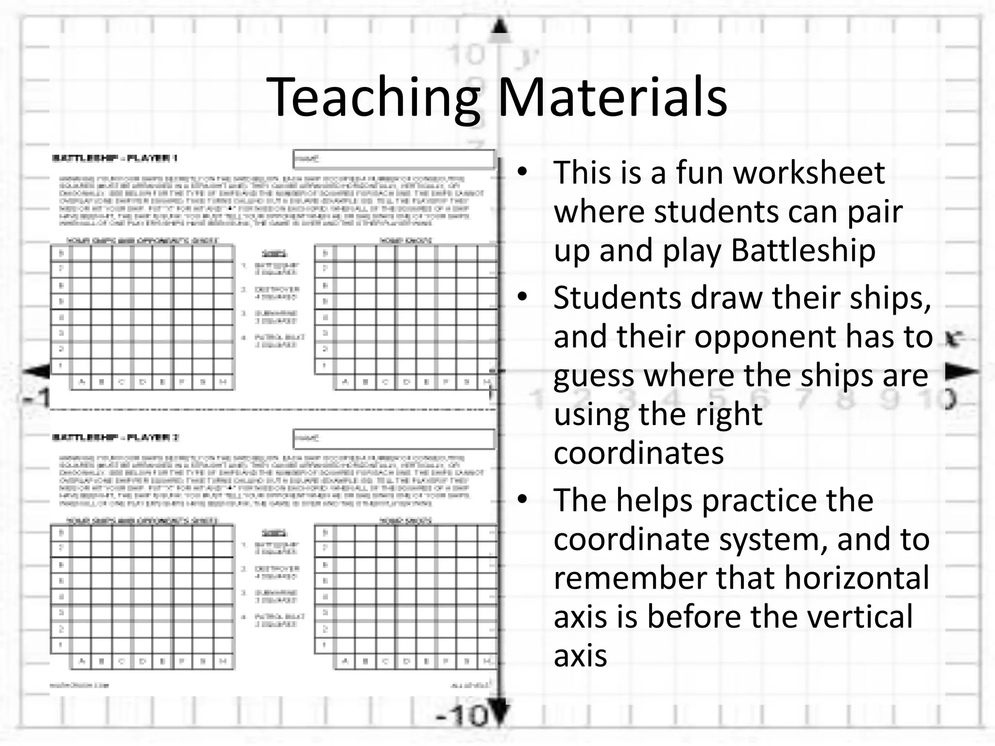 Teaching Materials
• This is a fun worksheet
where students can pair
up and play Battleship
• Students draw their ships,
and their opponent has to
guess where the ships are
using the right
coordinates
• The helps practice the
coordinate system, and to
remember that horizontal
axis is before the vertical
axis
 