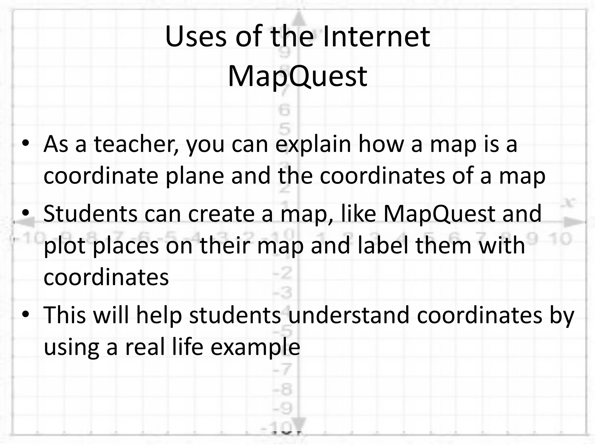• As a teacher, you can explain how a map is a
coordinate plane and the coordinates of a map
• Students can create a map, like MapQuest and
plot places on their map and label them with
coordinates
• This will help students understand coordinates by
using a real life example
Uses of the Internet
MapQuest
 