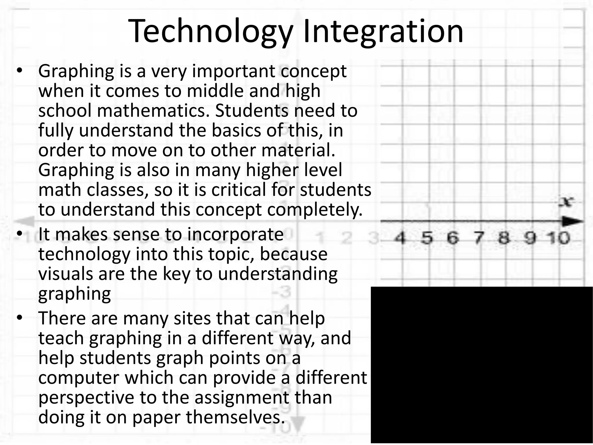 • Graphing is a very important concept
when it comes to middle and high
school mathematics. Students need to
fully understand the basics of this, in
order to move on to other material.
Graphing is also in many higher level
math classes, so it is critical for students
to understand this concept completely.
• It makes sense to incorporate
technology into this topic, because
visuals are the key to understanding
graphing
• There are many sites that can help
teach graphing in a different way, and
help students graph points on a
computer which can provide a different
perspective to the assignment than
doing it on paper themselves.
Technology Integration
 