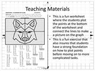 Teaching Materials
• This is a fun worksheet
where the students plot
the points at the bottom
of the worksheet and
connect the lines to make
a picture on the graph
• This is a fun exercise that
also insures that students
have a strong foundation
on how to plot points
before moving on to more
complicated tasks.
 