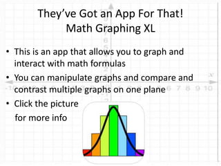 • This is an app that allows you to graph and
interact with math formulas
• You can manipulate graphs and compare and
contrast multiple graphs on one plane
• Click the picture
for more info
They’ve Got an App For That!
Math Graphing XL
 