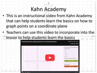 • This is an instructional video from Kahn Academy
that can help students learn the basics on how to
graph points on a coordinate plane
• Teachers can use this video to incorporate into the
lesson to help students learn the basics
Kahn Academy
 