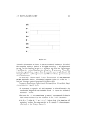 2.2. DECOMPOSIZIONE LU                                                           15




                                   Figure 2.2:


in quanto generalmente le matrici da fattorizzare hanno dimensioni nell’ordine
delle migliaia, mentre il numero di processori disponibili e’ nell’ordine della
decina. Se distribuissimo la matrice A a blocchi per righe non risolveremmo
il problema del cattivo bilanciamento del carico. Il processore P0 avrebbe
pochissime opeazioni da svolgere, dato che dovrebbe azzerare gli elementi del
triangolo inferiore. L’ultimo processore dovrebbe al contrario operare su quasi
tutti i suoi elementi.
    Per bilanciare il carico di lavoro, e’ allora utile utilizzare una distribuzione
ciclica delle righe, ovvero il processore Pj possiede le righe {ai : i mod p = j},
dove p e’ il numero totale di processori (vedi Figura 2.2).
    Con questa distribuzione, l’algoritmo di decomposizione LU parallelo si pu`    o
schematizzare nel seguente modo:

   1 Il processore P0 comunica agli altri processori le righe della matrice da
     fattorizzare, secondo la distribuzione ciclica. La riga i sar` inviata al
                                                                   a
     processore i mod p.

   2 Per ogni riga i: il processore i mod p, ovvero il processore che detiene la
     riga i-esima, comunica con una broadcast la riga a tutti i processori.

   3 Sia Rq = {q + kp : k ∈ N, q + kp < n} l’insieme delle righe possedute dal
     processore q-esimo. Per ciascuna riga in Rq , annulla l’i-esimo elemento,
     sfruttando la riga ricevuta al passo 2.
 