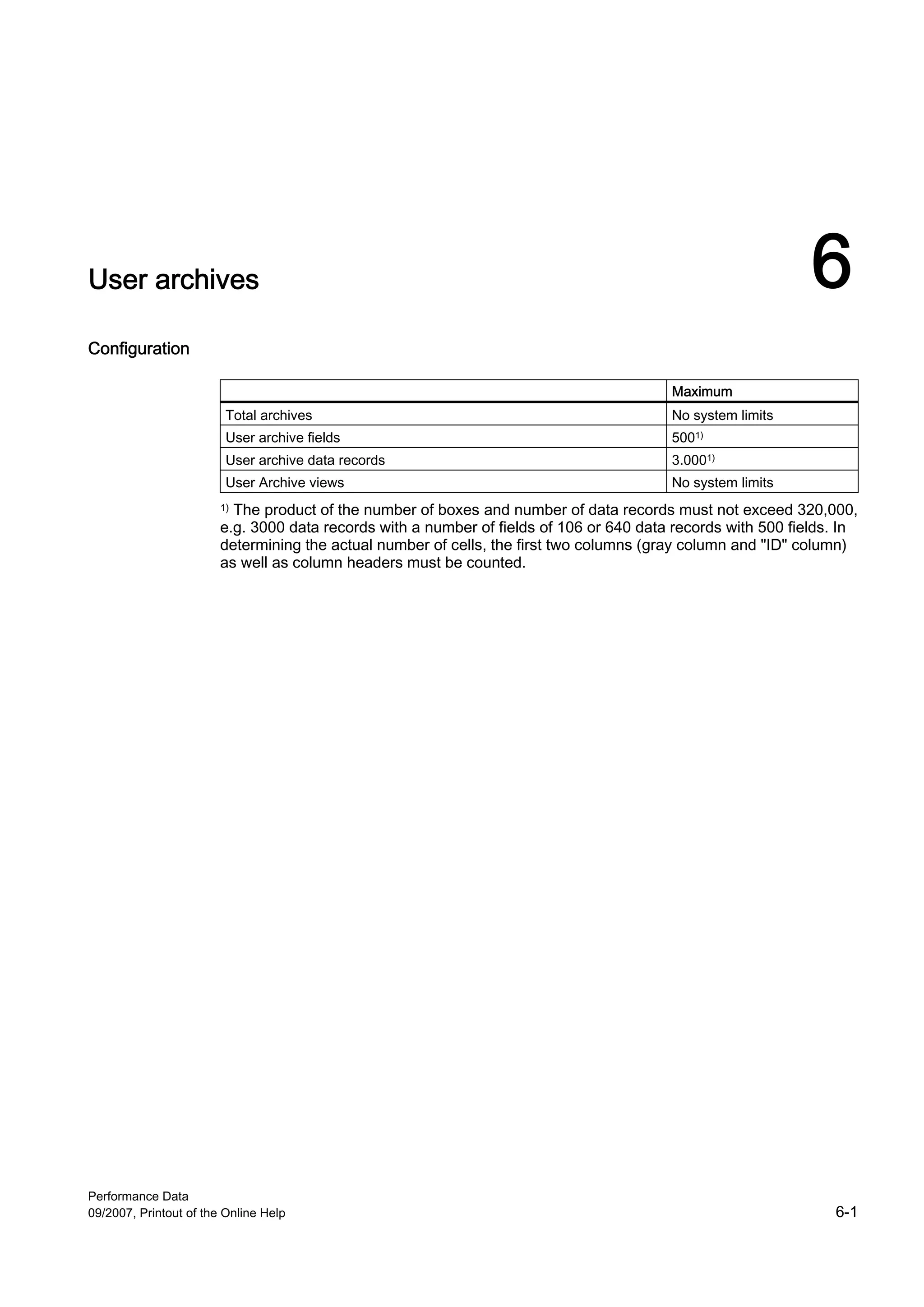 User archives                                                                                                 6
Configuration

                                                                                         Maximum
                         Total archives                                                  No system limits
                         User archive fields                                             5001)
                         User archive data records                                       3.0001)
                         User Archive views                                              No system limits
                        1) The product of the number of boxes and number of data records must not exceed 320,000,

                        e.g. 3000 data records with a number of fields of 106 or 640 data records with 500 fields. In
                        determining the actual number of cells, the first two columns (gray column and "ID" column)
                        as well as column headers must be counted.




Performance Data
09/2007, Printout of the Online Help                                                                             6-1
 