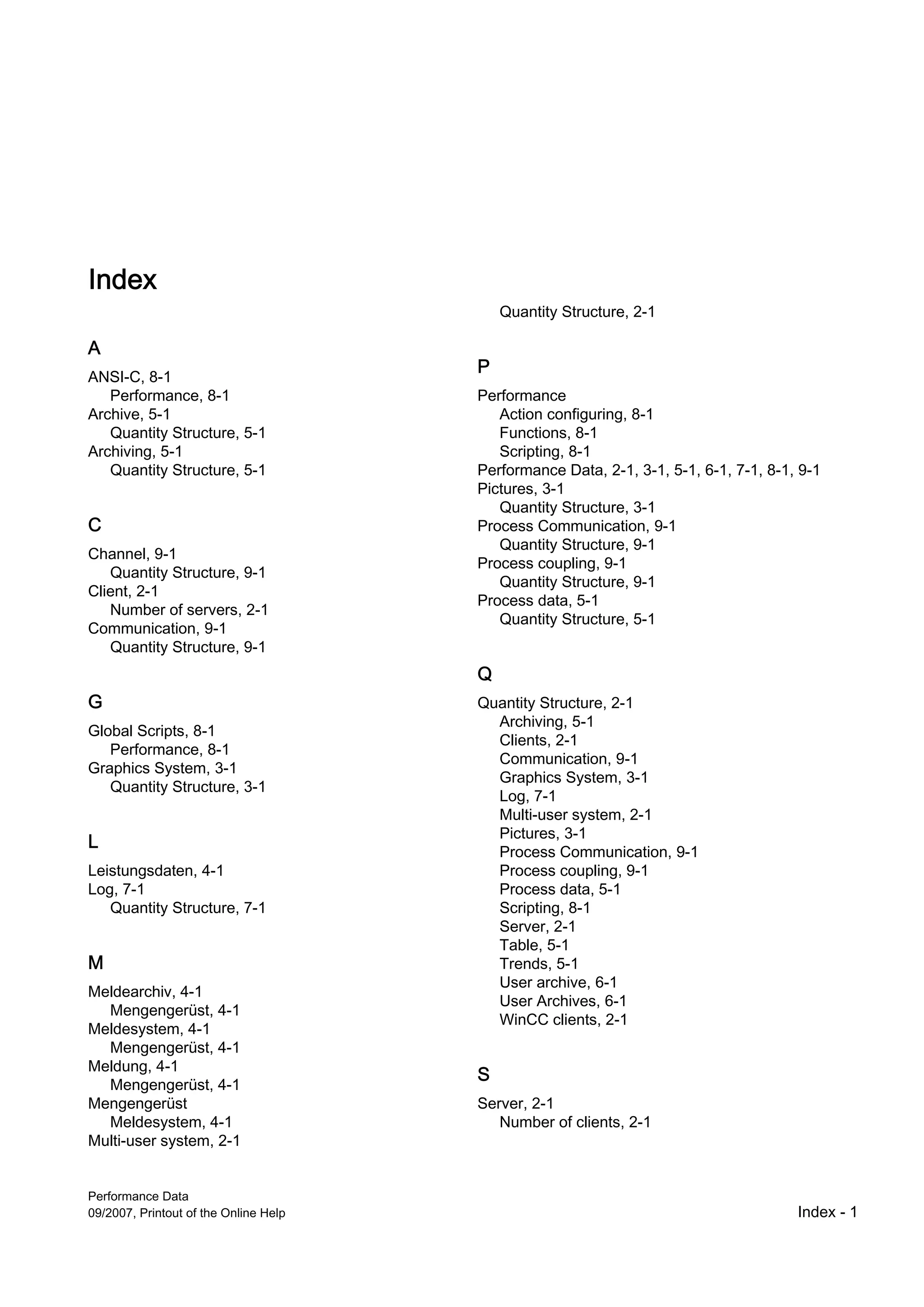 Index
                                           Quantity Structure, 2-1

A
                                       P
ANSI-C, 8-1
   Performance, 8-1                    Performance
Archive, 5-1                              Action configuring, 8-1
   Quantity Structure, 5-1                Functions, 8-1
Archiving, 5-1                            Scripting, 8-1
   Quantity Structure, 5-1             Performance Data, 2-1, 3-1, 5-1, 6-1, 7-1, 8-1, 9-1
                                       Pictures, 3-1
                                          Quantity Structure, 3-1
C                                      Process Communication, 9-1
                                          Quantity Structure, 9-1
Channel, 9-1
                                       Process coupling, 9-1
   Quantity Structure, 9-1
                                          Quantity Structure, 9-1
Client, 2-1
                                       Process data, 5-1
   Number of servers, 2-1
                                          Quantity Structure, 5-1
Communication, 9-1
   Quantity Structure, 9-1
                                       Q
G                                      Quantity Structure, 2-1
                                         Archiving, 5-1
Global Scripts, 8-1
                                         Clients, 2-1
   Performance, 8-1
                                         Communication, 9-1
Graphics System, 3-1
                                         Graphics System, 3-1
   Quantity Structure, 3-1
                                         Log, 7-1
                                         Multi-user system, 2-1
                                         Pictures, 3-1
L
                                         Process Communication, 9-1
Leistungsdaten, 4-1                      Process coupling, 9-1
Log, 7-1                                 Process data, 5-1
   Quantity Structure, 7-1               Scripting, 8-1
                                         Server, 2-1
                                         Table, 5-1
M                                        Trends, 5-1
                                         User archive, 6-1
Meldearchiv, 4-1
                                         User Archives, 6-1
  Mengengerüst, 4-1
                                         WinCC clients, 2-1
Meldesystem, 4-1
  Mengengerüst, 4-1
Meldung, 4-1
                                       S
  Mengengerüst, 4-1
Mengengerüst                           Server, 2-1
  Meldesystem, 4-1                        Number of clients, 2-1
Multi-user system, 2-1


Performance Data
09/2007, Printout of the Online Help                                                  Index - 1
 
