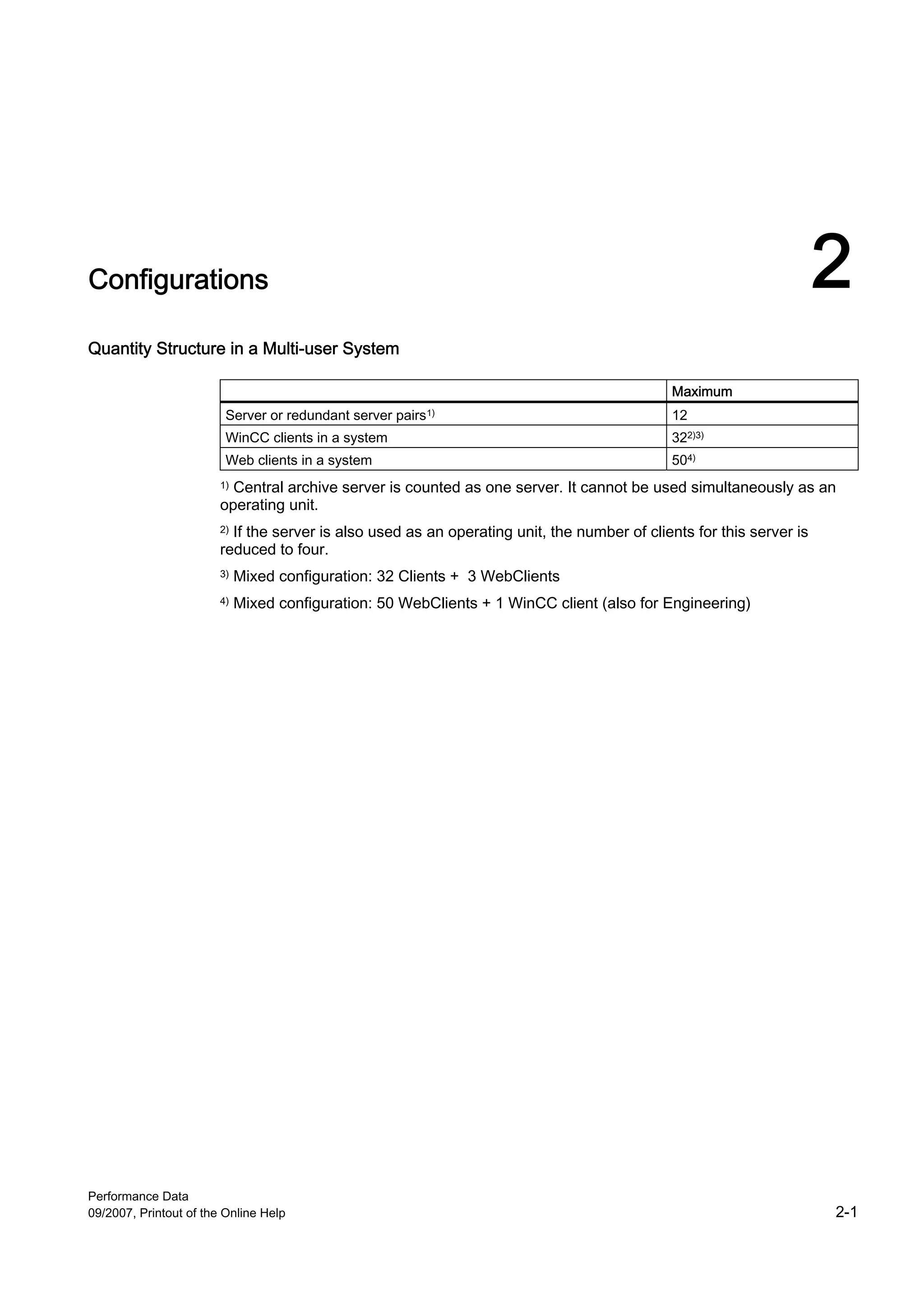Configurations                                                                                                        2
Quantity Structure in a Multi-user System

                                                                                             Maximum
                         Server or redundant server pairs1)                                  12
                         WinCC clients in a system                                           322)3)
                         Web clients in a system                                             504)
                        1)Central archive server is counted as one server. It cannot be used simultaneously as an
                        operating unit.
                        2)If the server is also used as an operating unit, the number of clients for this server is
                        reduced to four.
                        3)   Mixed configuration: 32 Clients + 3 WebClients
                        4)   Mixed configuration: 50 WebClients + 1 WinCC client (also for Engineering)




Performance Data
09/2007, Printout of the Online Help                                                                                  2-1
 