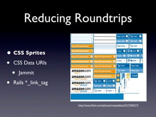 Reducing Roundtrips

• CSS Sprites
• CSS Data URIs
  • Jammit
• Rails *_link_tag

                     http://www.ﬂickr.com/photos/mezzoblue/3217540317/
 