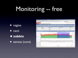 Monitoring -- free

• nagios
• cacti
• zabbix
• zenoss (core)
 