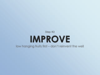 Step #2IMPROVElow hanging fruits first – don’t reinvent the well