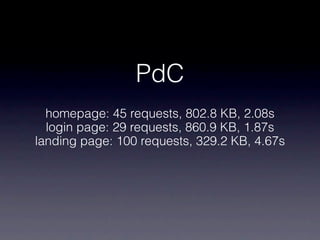 PdC
  homepage: 45 requests, 802.8 KB, 2.08s
  login page: 29 requests, 860.9 KB, 1.87s
landing page: 100 requests, 329.2 KB, 4.67s
 