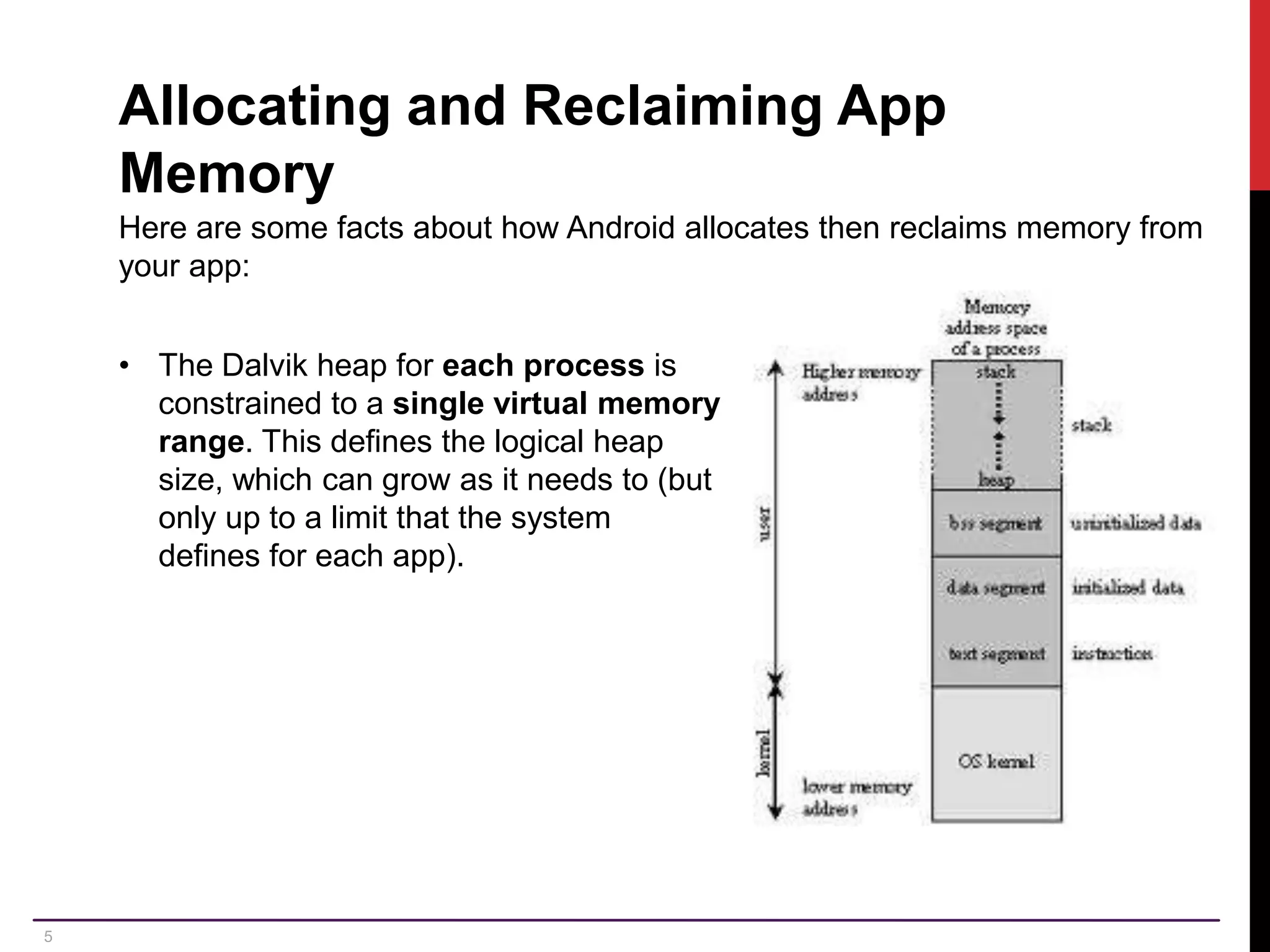 5 Allocating and Reclaiming App Memory Here are some facts about how Android allocates then reclaims memory from your app: • The Dalvik heap for each process is constrained to a single virtual memory range. This defines the logical heap size, which can grow as it needs to (but only up to a limit that the system defines for each app). 