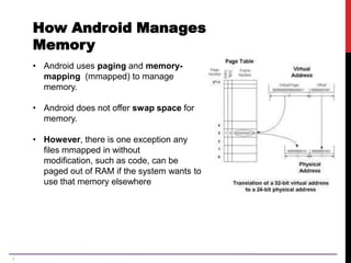 3
How Android Manages
Memory
• Android uses paging and memory-
mapping (mmapped) to manage
memory.
• Android does not offer swap space for
memory.
• However, there is one exception any
files mmapped in without
modification, such as code, can be
paged out of RAM if the system wants to
use that memory elsewhere
 