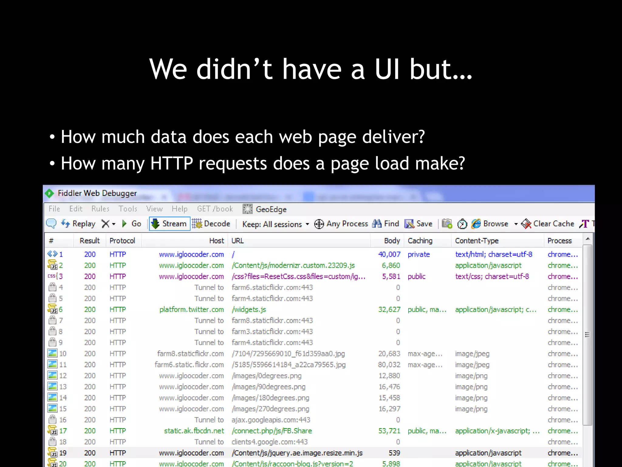 We didn’t have a UI but… 
• How much data does each web page deliver? 
• How many HTTP requests does a page load make? 
 