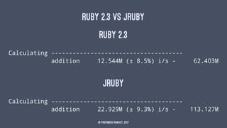 RUBY 2.3 VS JRUBY
RUBY 2.3
Calculating -------------------------------------
addition 12.544M (± 8.5%) i/s - 62.403M
JRUBY
Calculating -------------------------------------
addition 22.929M (± 9.3%) i/s - 113.127M
© Prathmesh Ranaut, 2017
 