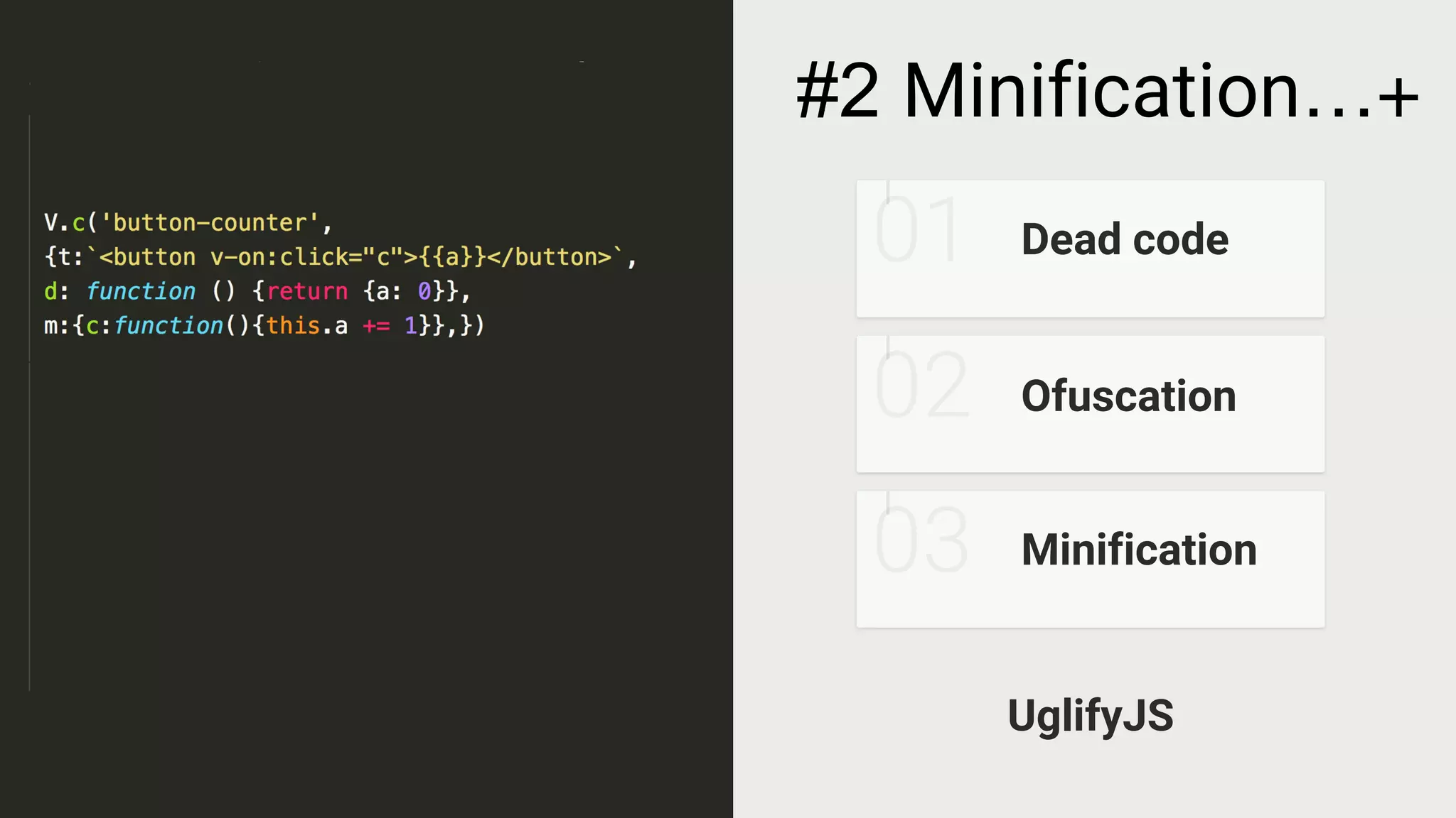 #2 Minification…+
Dead code
Ofuscation
Minification
UglifyJS