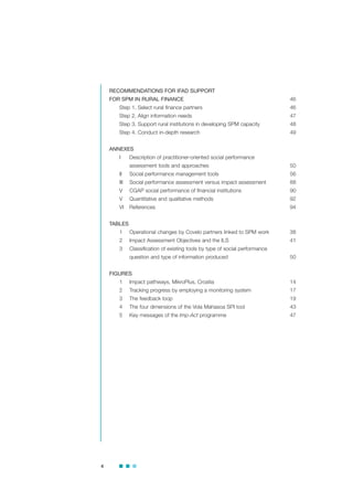 4
RECOMMENDATIONS FOR IFAD SUPPORT
FOR SPM IN RURAL FINANCE 46
Step 1. Select rural finance partners 46
Step 2. Align information needs 47
Step 3. Support rural institutions in developing SPM capacity 48
Step 4. Conduct in-depth research 49
ANNEXES
I Description of practitioner-oriented social performance
assessment tools and approaches 50
II Social performance management tools 56
III Social performance assessment versus impact assessment 88
V CGAP social performance of financial institutions 90
V Quantitative and qualitative methods 92
VI References 94
TABLES
1 Operational changes by Covelo partners linked to SPM work 38
2 Impact Assessment Objectives and the ILS 41
3 Classification of existing tools by type of social performance
question and type of information produced 50
FIGURES
1 Impact pathways, MikroPlus, Croatia 14
2 Tracking progress by employing a monitoring system 17
3 The feedback loop 19
4 The four dimensions of the Vola Mahasoa SPI tool 43
5 Key messages of the Imp-Act programme 47
 