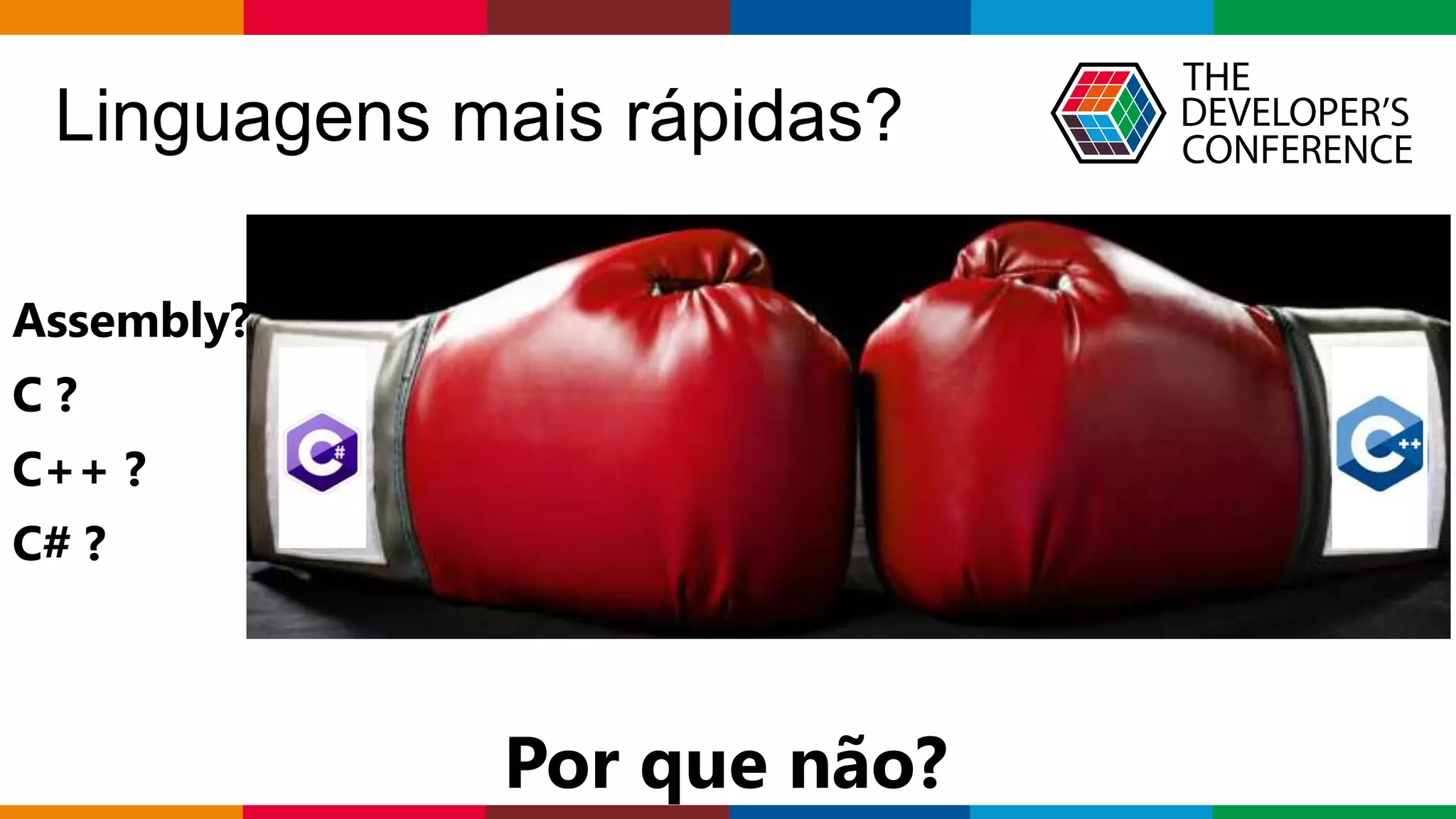 Globalcode – Open4education
Linguagens mais rápidas?
Assembly?
C ?
C++ ?
C# ?
Por que não?
 